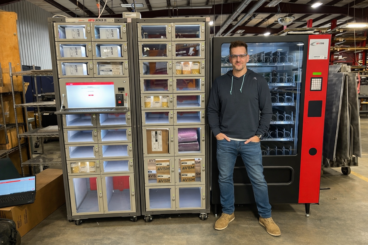 Ted with AutoCrib locker and vending machine deployment