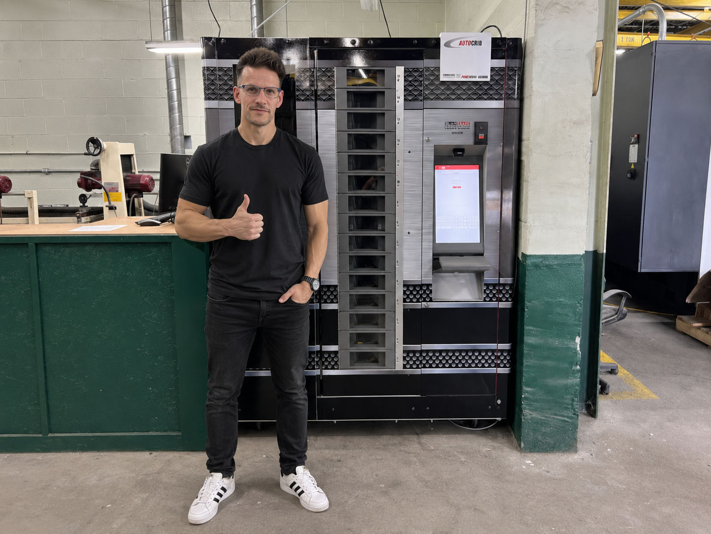 Ted in front of AutoCrib PowerVend industrial vending machine