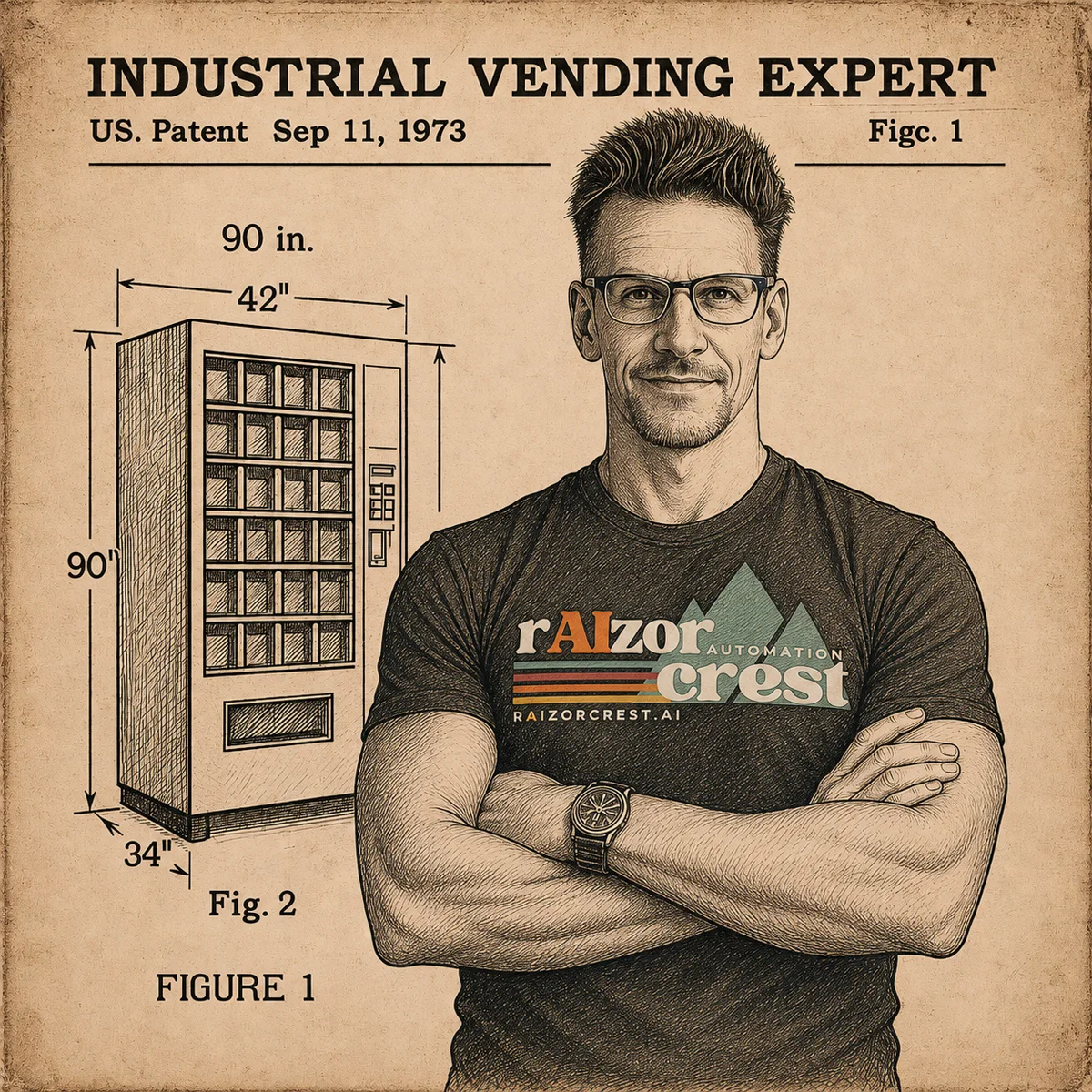 Industrial Vending Expert — patent-style illustration of Ted Hebert beside a vending machine schematic